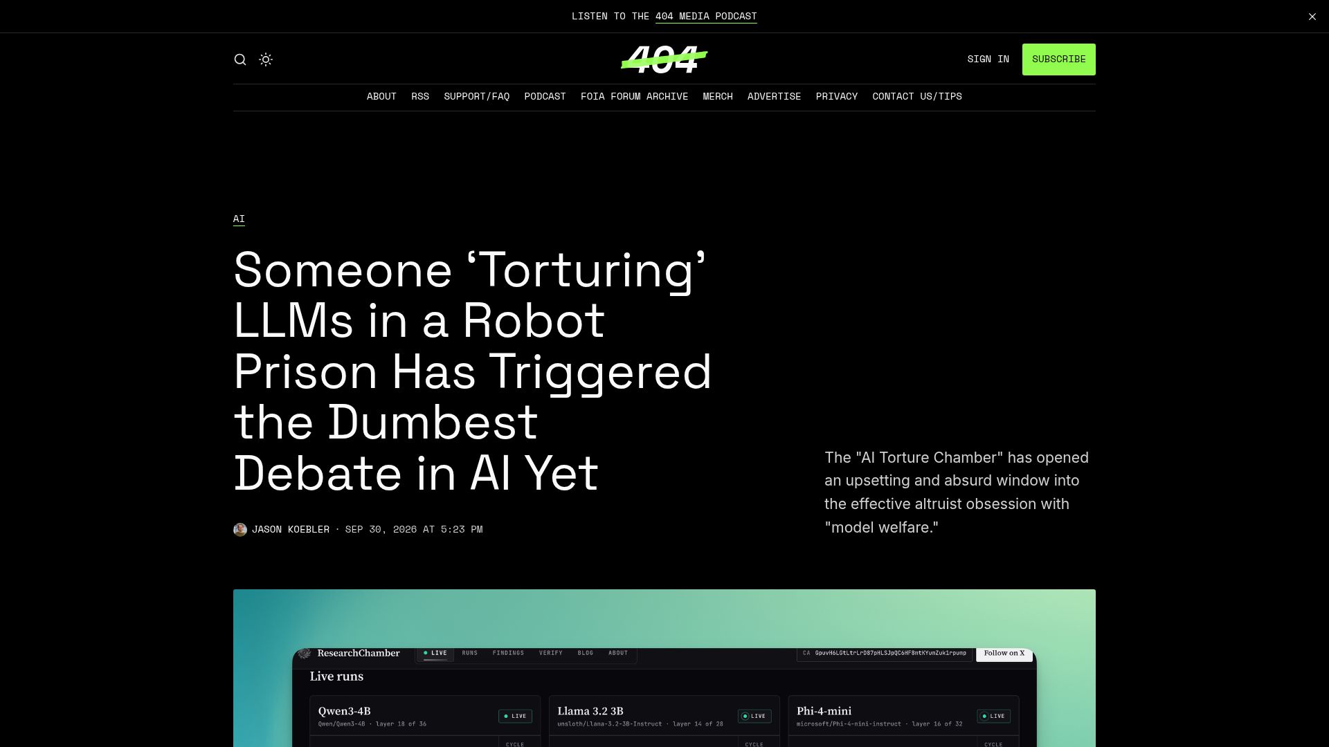 Screenshot of 404media.co: "Torturing" LLMs in a Robot Prison Has Triggered the Dumbest Debate in AI Yet