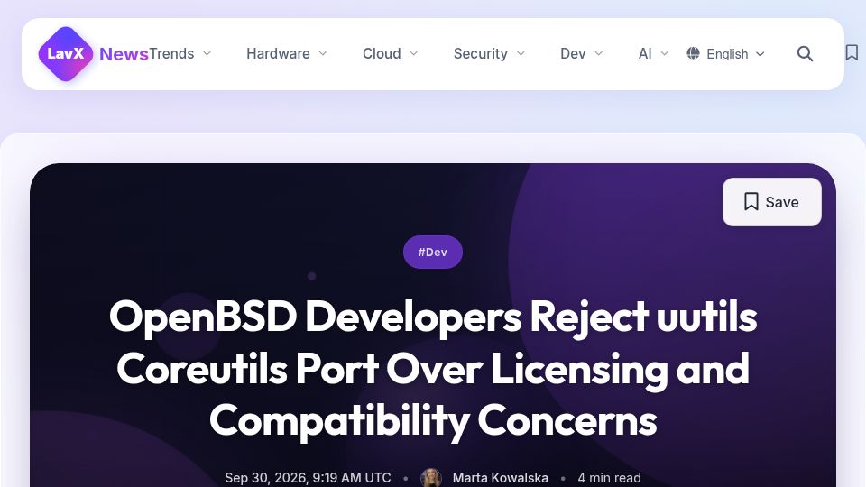 Screenshot of news.lavx.hu: OpenBSD Developers Reject Uutils Coreutils