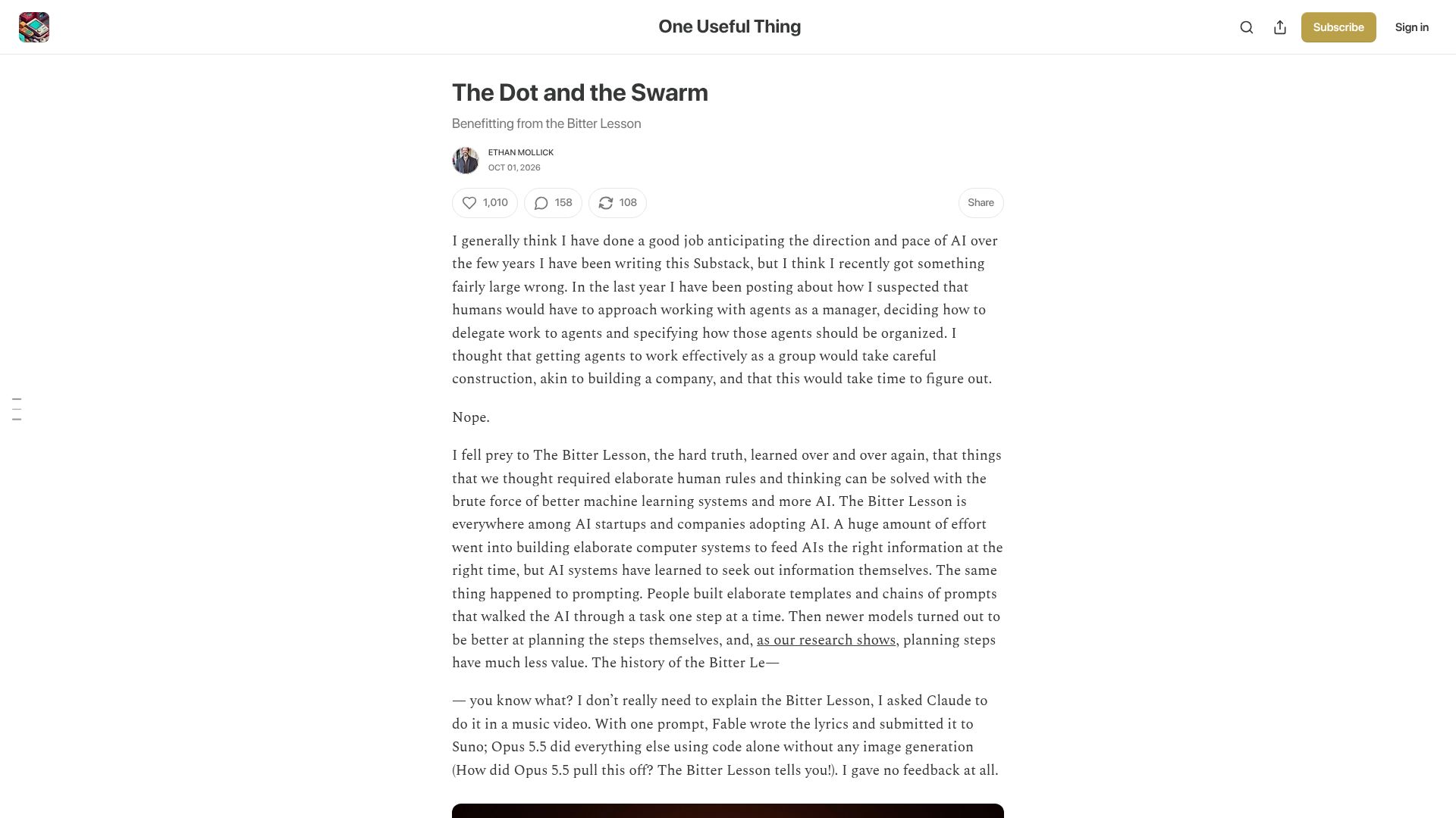 Screenshot of oneusefulthing.org: The dot and the Swarm: Benefitting from the bitter lesson