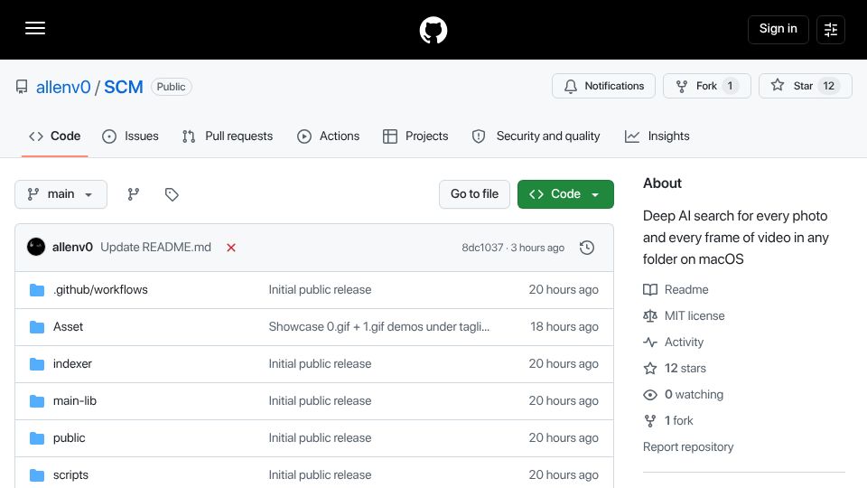 Screenshot of github.com: Show HN: AI search for every photo and every frame of video on macOS