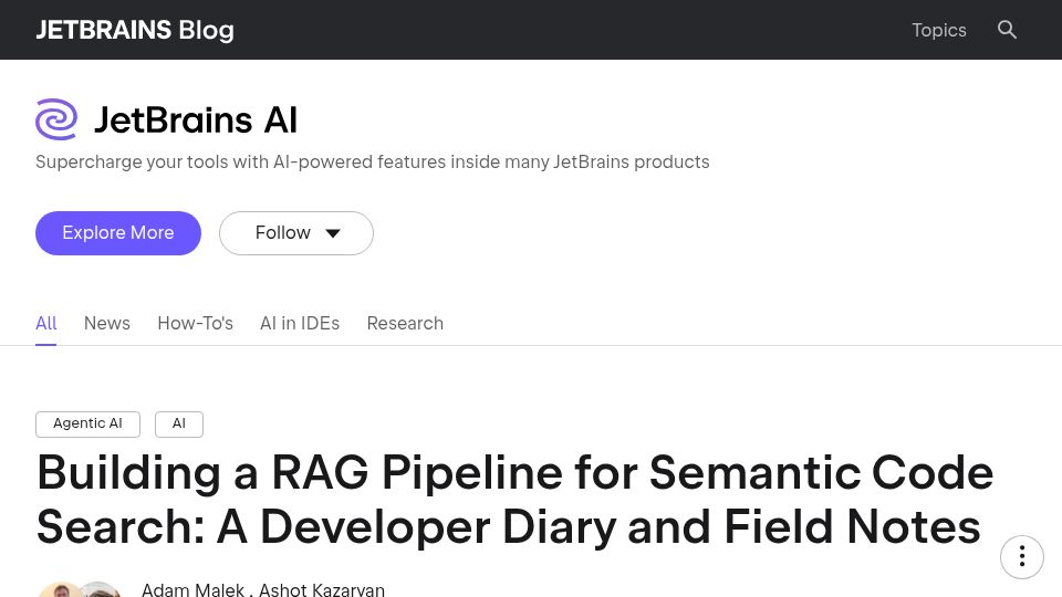 Screenshot of blog.jetbrains.com: Building a RAG pipeline for semantic code search