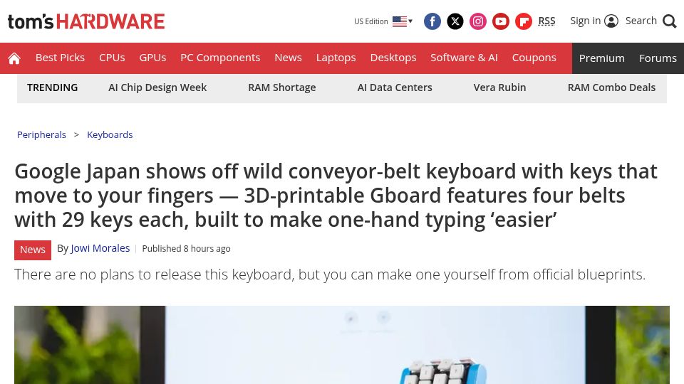 Screenshot of tomshardware.com: Google Japan shows off conveyor-belt keyboard with keys that move to fingers