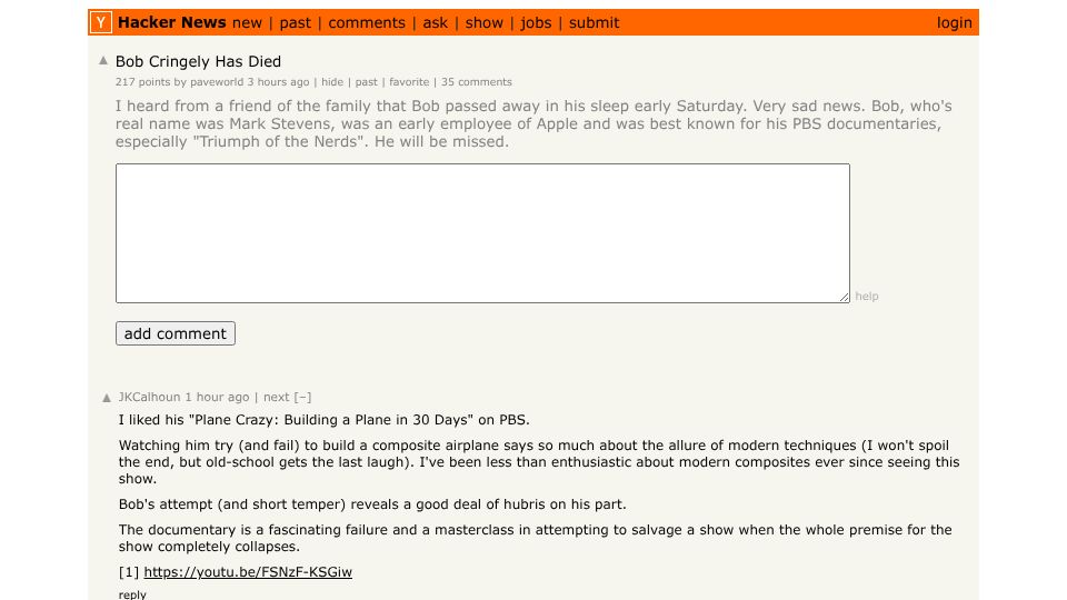 Screenshot of Hacker News post: Tell HN: Bob Cringely has died