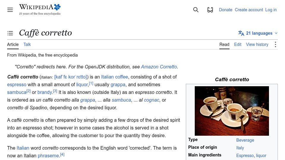 Screenshot of en.wikipedia.org: Caffè Corretto