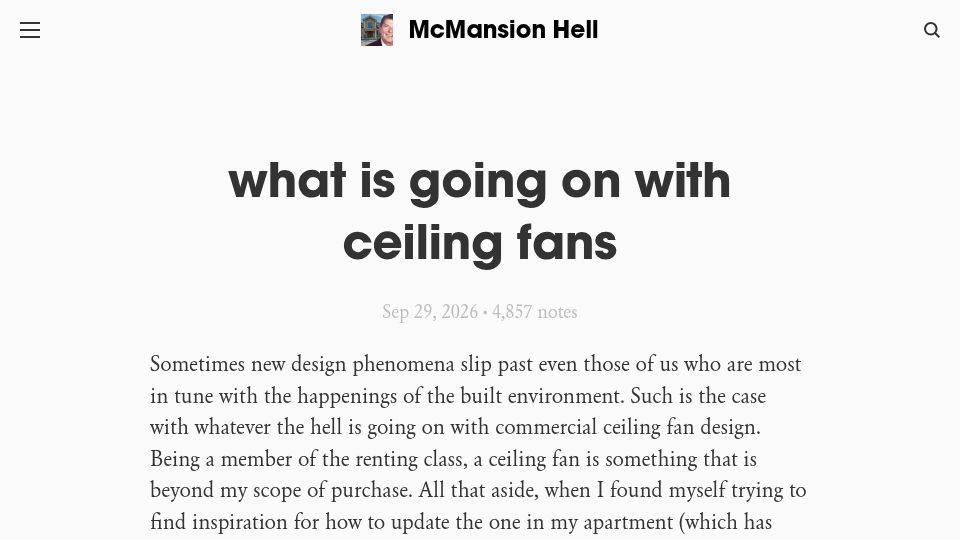 Screenshot of mcmansionhell.com: What is going on with ceiling fans