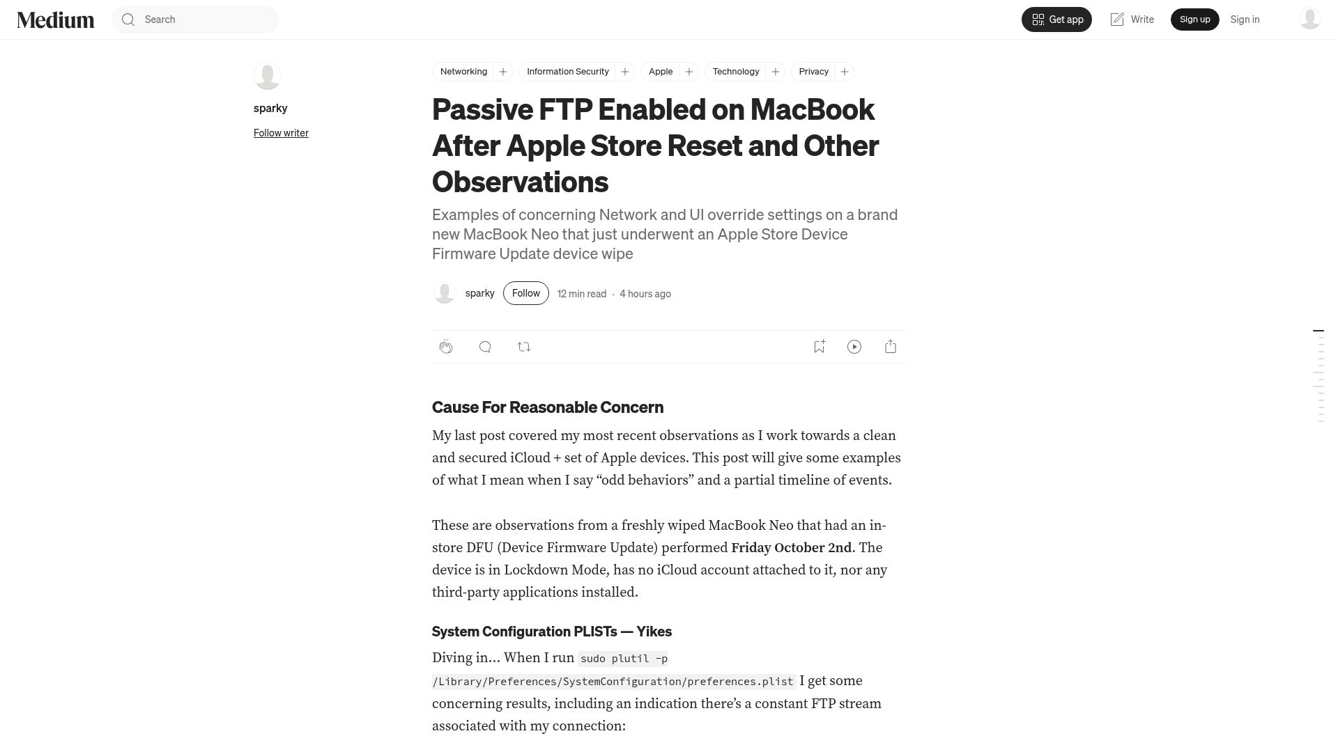 Screenshot of knowledgeisuserdata.medium.com: Background Passive FTP with No GUI Control Survives Apple Store DFU