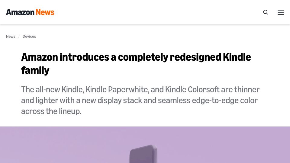 Screenshot of aboutamazon.com: Amazon introduces a redesigned Kindle family