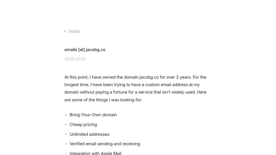 Screenshot of jacobg.co: All I wanted was a custom domain email