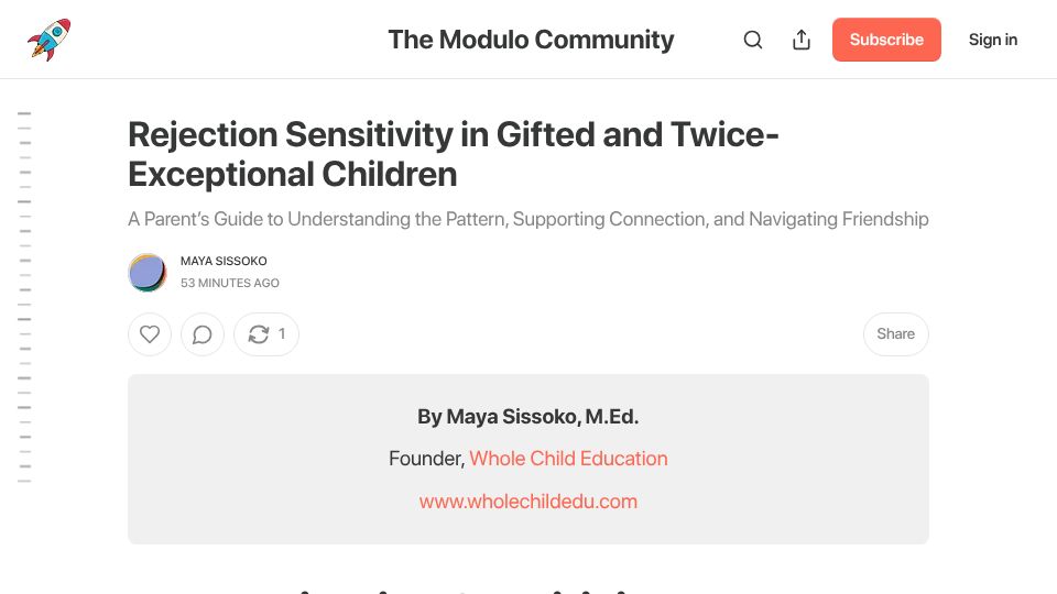 Screenshot of teachyourkids.substack.com: Rejection Sensitivity in Gifted and Twice-Exceptional Children