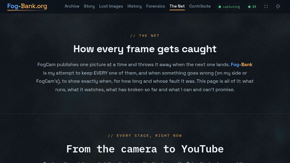 Screenshot of fog-bank.org: Fog-Bank: Archiving the oldest webcam feed