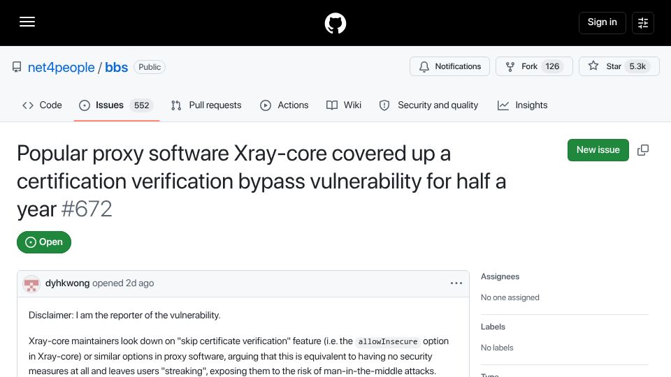 Screenshot of github.com: Xray-core concealed a certificate verification bypass vulnerability