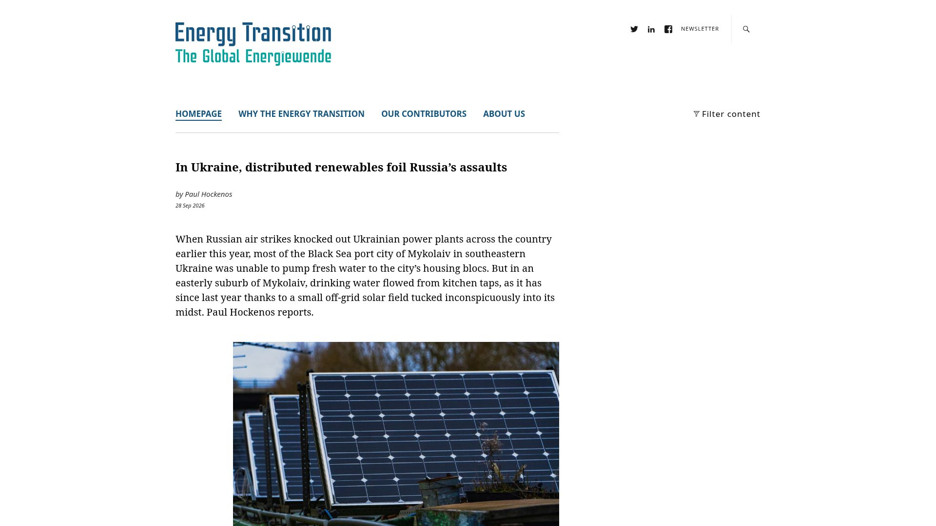 Screenshot of energytransition.org: In Ukraine, distributed renewables foil Russia's assaults