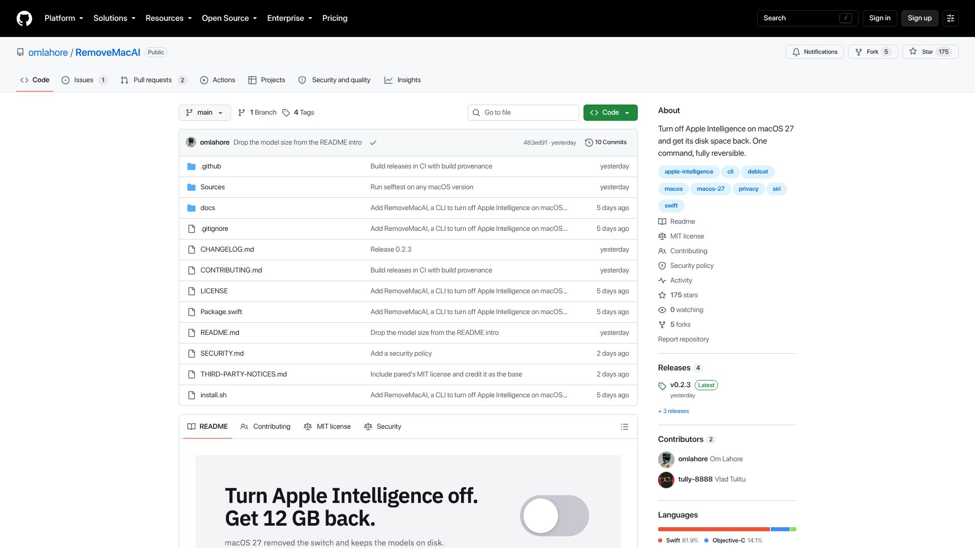Screenshot of github.com: Turn off Apple Intelligence on macOS 27 and get its disk space back