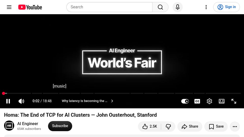 Screenshot of youtube.com: Homa: The end of TCP for AI clusters [video]
