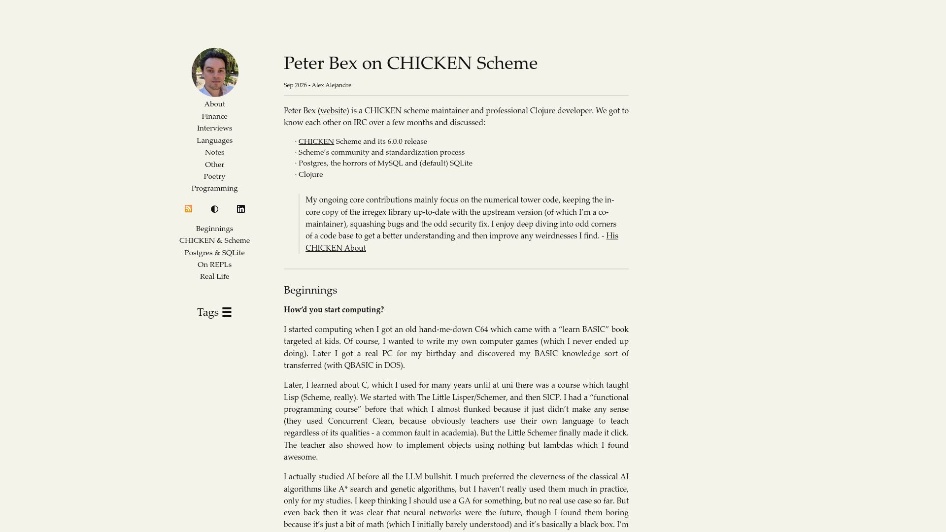 Screenshot of alexalejandre.com: Interview with Chicken Scheme Maintainer Sjamaan/Peter Bex