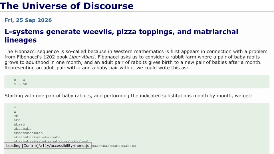 Screenshot of blog.plover.com: L-systems generate weevils, pizza toppings, and matriarchal lineages