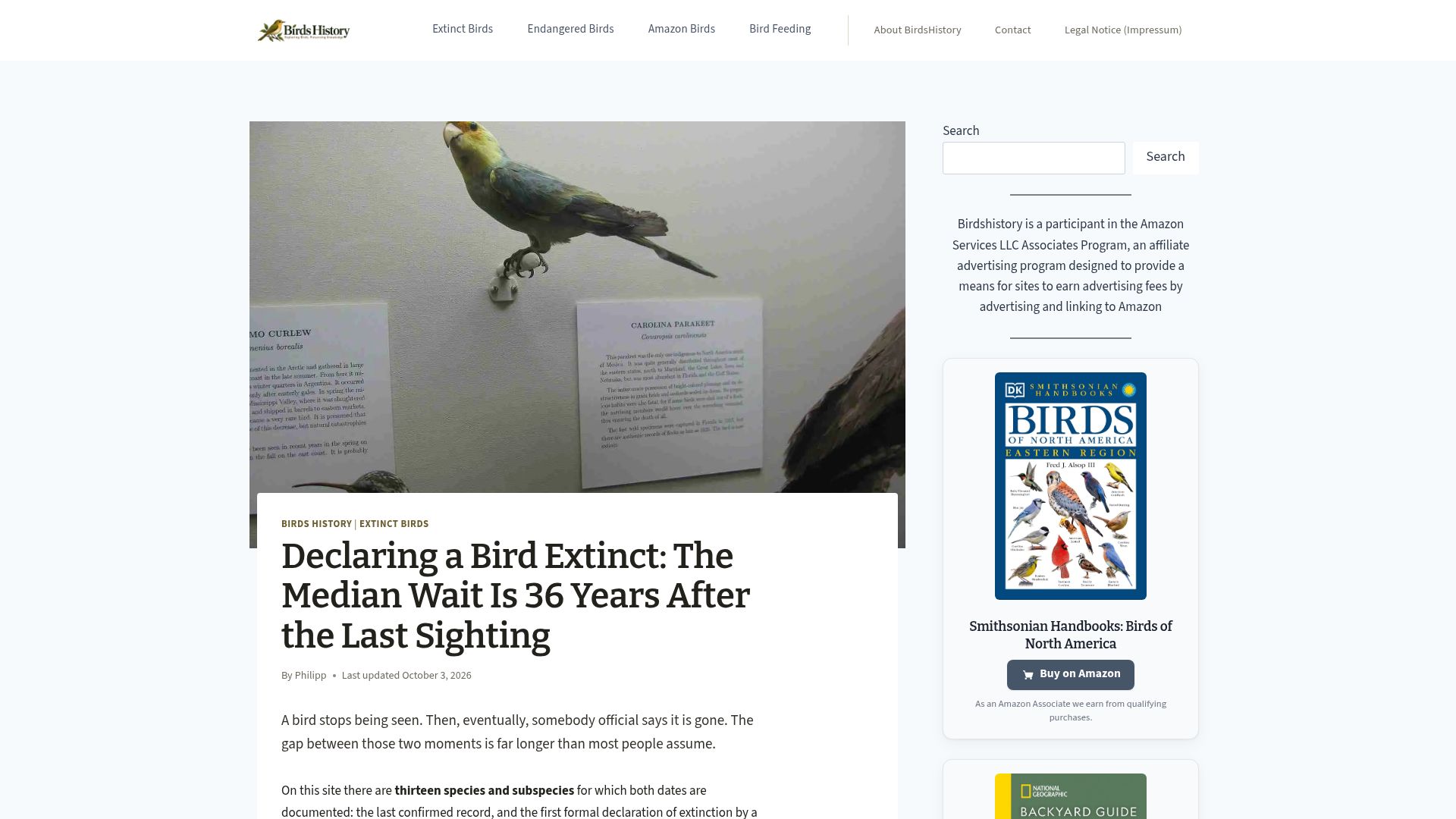 Screenshot of birdshistory.com: Declaring a bird extinct: The median wait is 36 years after the last sighting