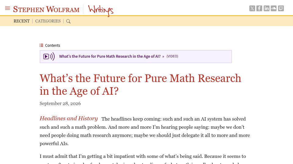 Screenshot of writings.stephenwolfram.com: What's the future for pure math research in the age of AI?