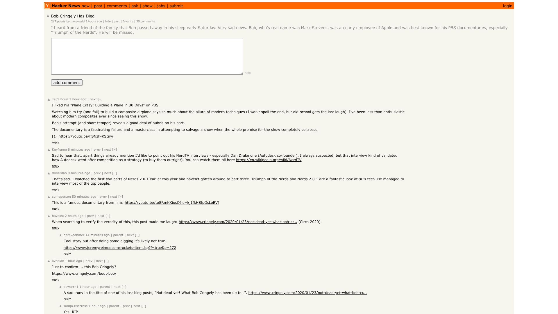 Screenshot of this Hacker News post: Tell HN: Bob Cringely has died