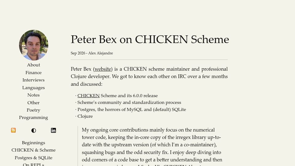 Screenshot of alexalejandre.com: Interview with Chicken Scheme Maintainer Sjamaan/Peter Bex