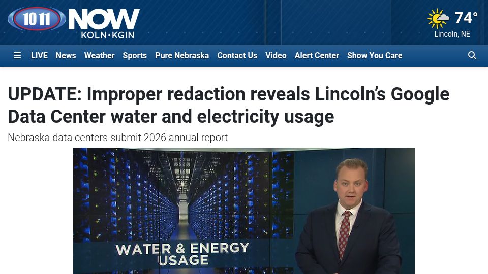 Screenshot of 1011now.com: Improper redaction reveals Google Data Center water and electricity usage