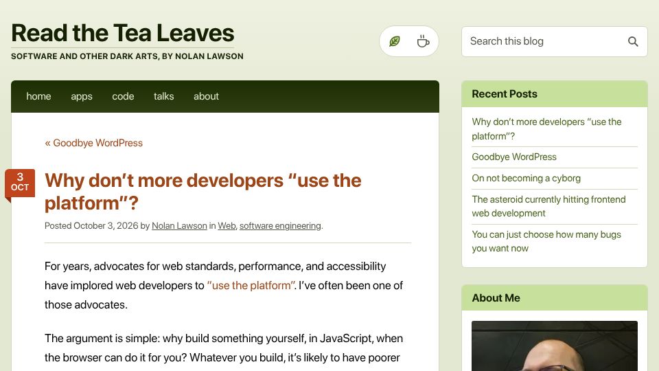 Screenshot of nolanlawson.com: Why don't more developers “use the platform”?