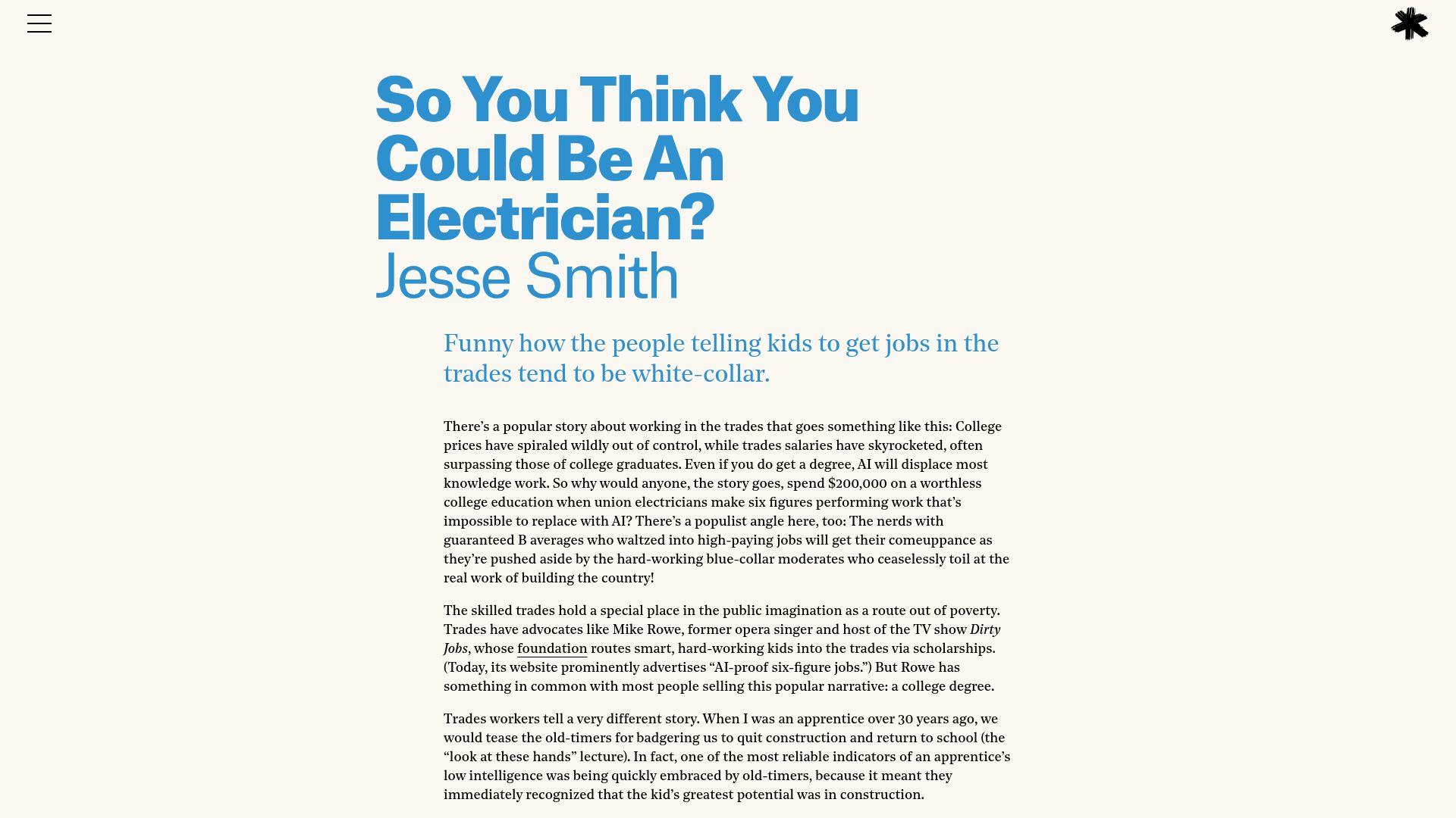 Screenshot of asteriskmag.com: So you think you could be an electrician?