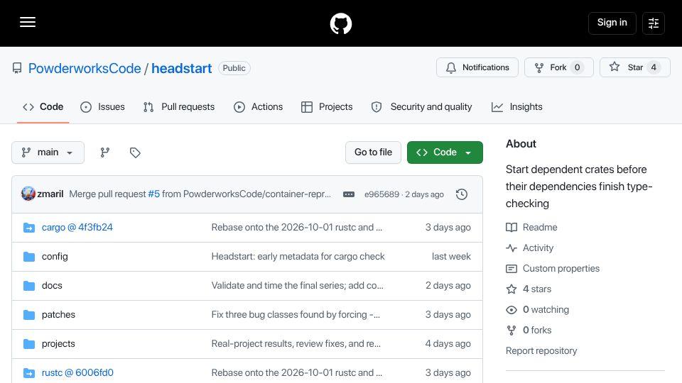 Screenshot of github.com: Emitting metadata early makes building/checking Rust up to twice as fast