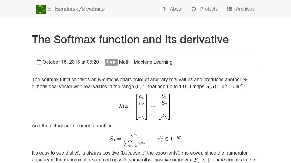 Screenshot of eli.thegreenplace.net: The Softmax function and its derivative