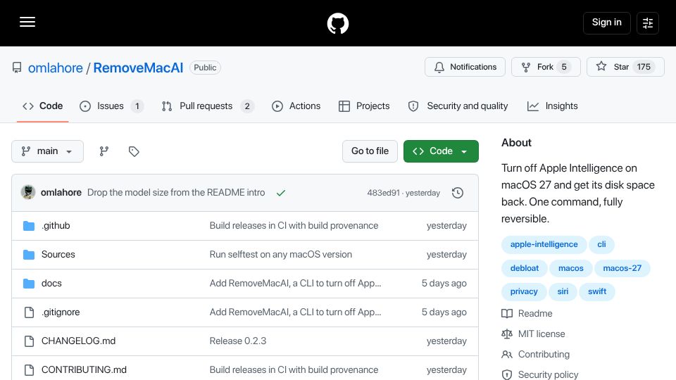 Screenshot of github.com: Turn off Apple Intelligence on macOS 27 and get its disk space back