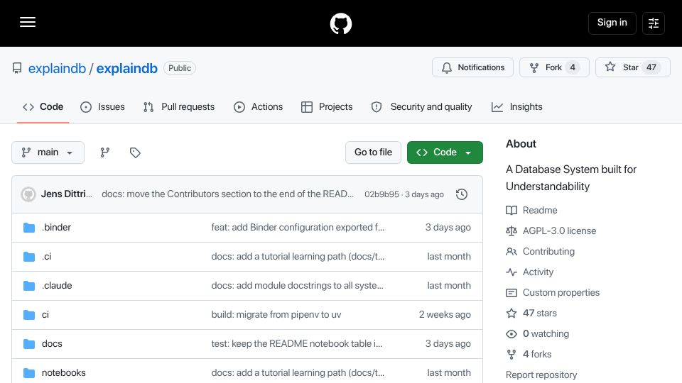 Screenshot of github.com: ExplainDB: A Database System Built for Understandability