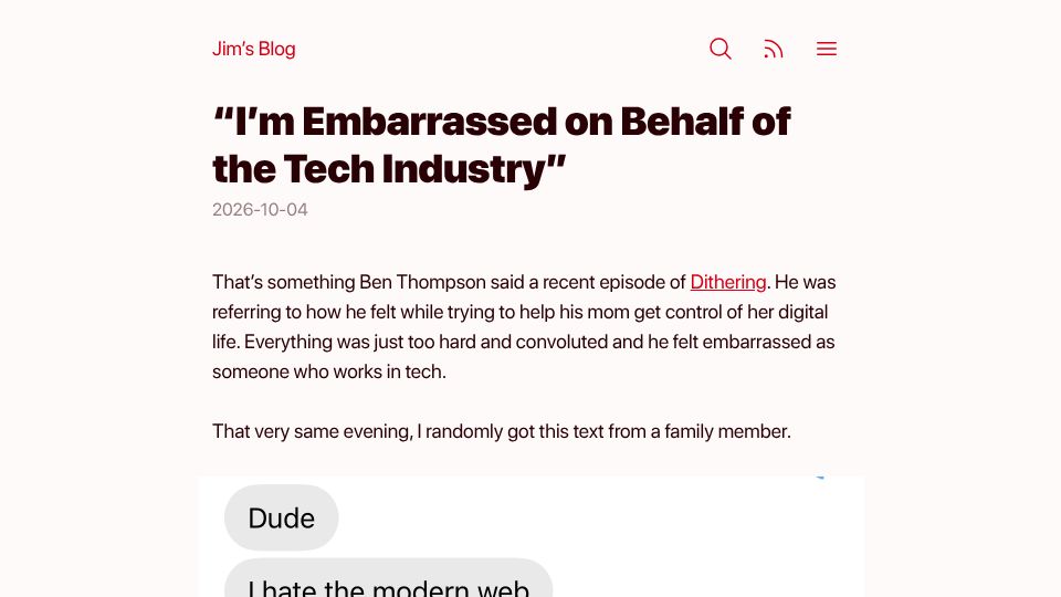 Screenshot of blog.jim-nielsen.com: "I'm Embarrassed on Behalf of the Tech Industry"