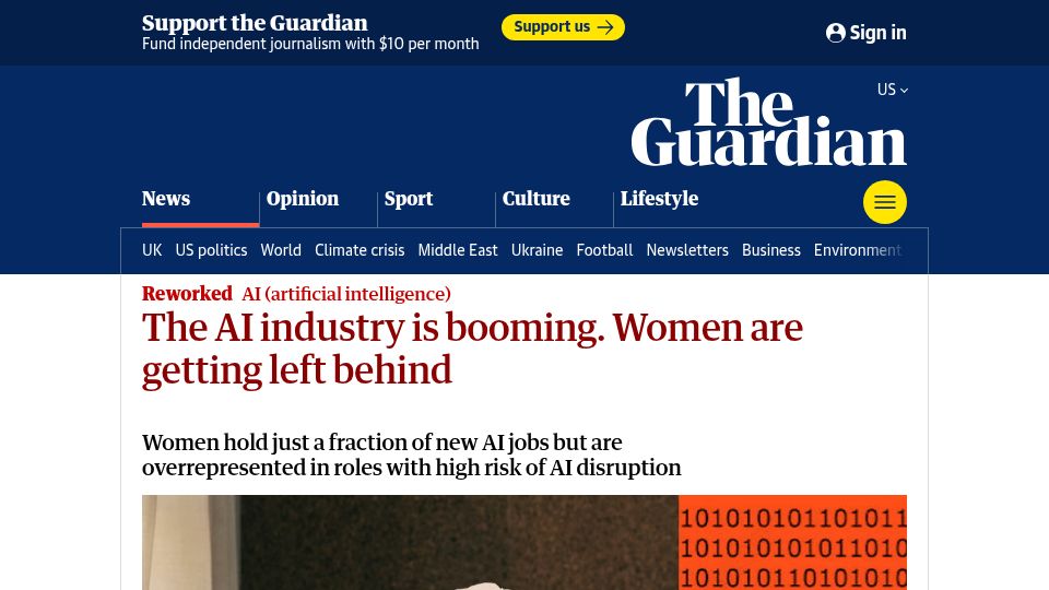 Screenshot of theguardian.com: The AI industry is booming. Women are getting left behind
