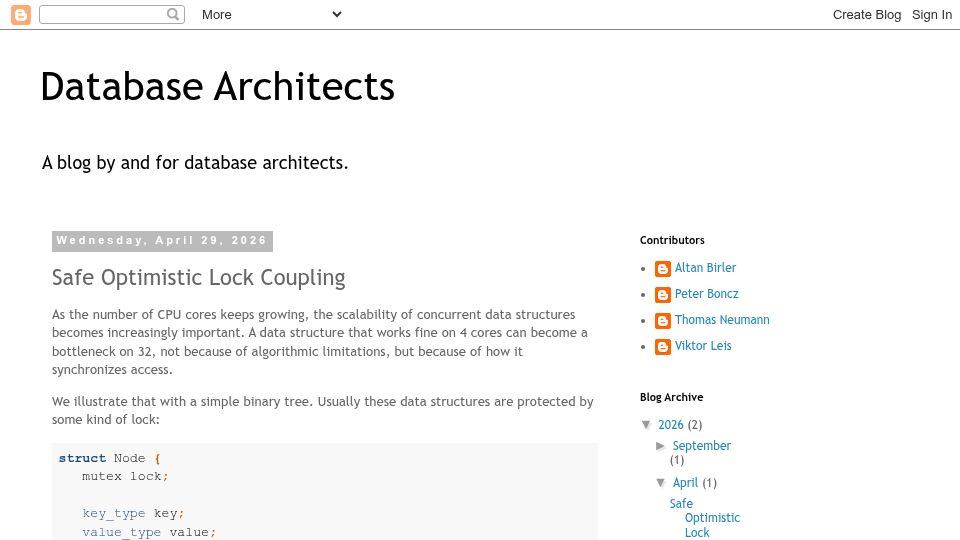 Screenshot of databasearchitects.blogspot.com: Safe Optimistic Lock Coupling