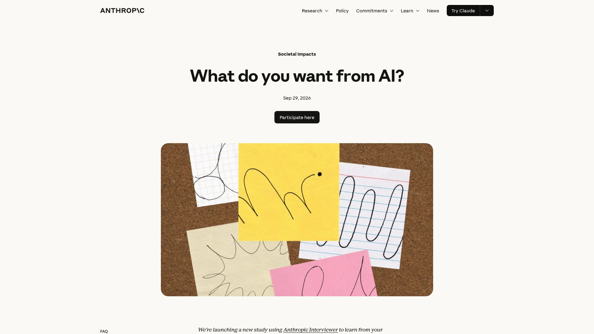 Screenshot of anthropic.com: Anthropic wants your thoughts on AI