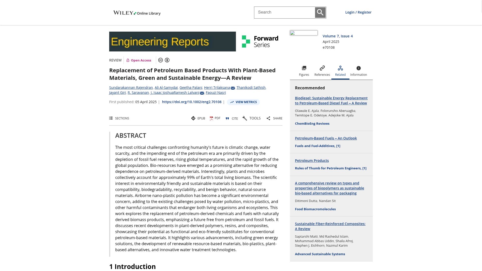 Screenshot of onlinelibrary.wiley.com: Replacement of petroleum based products with plant-based materials (2025)