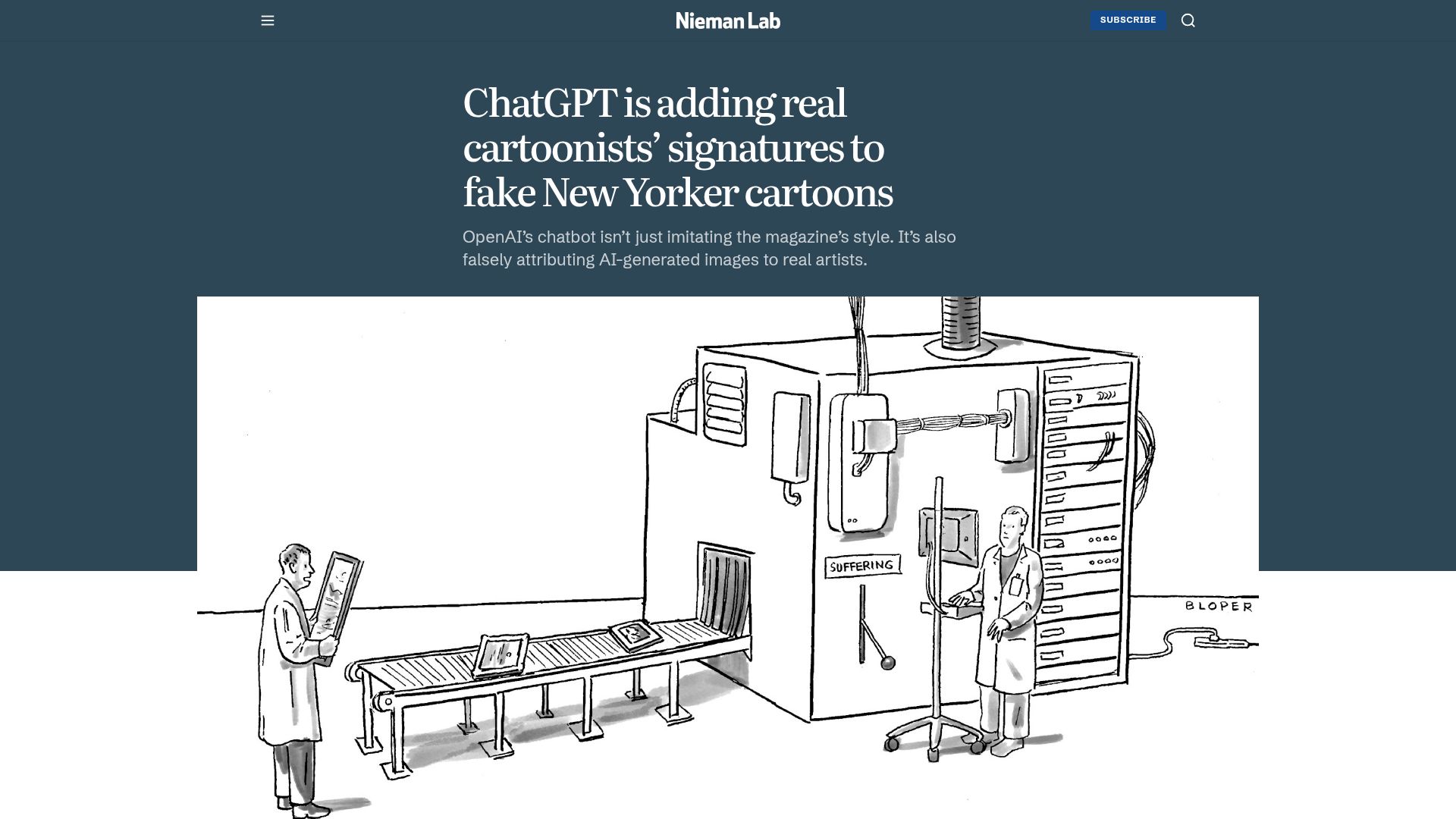 Screenshot of niemanlab.org: ChatGPT is adding real cartoonists' signatures to fake New Yorker cartoons