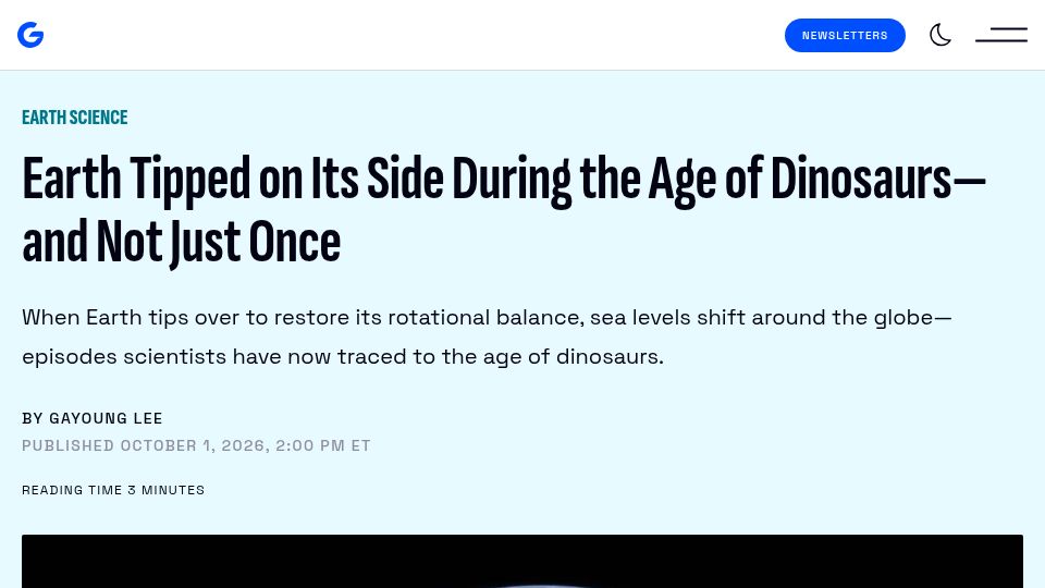 Screenshot of gizmodo.com: Earth Tipped on Its Side During the Age of Dinosaurs–and Not Just Once