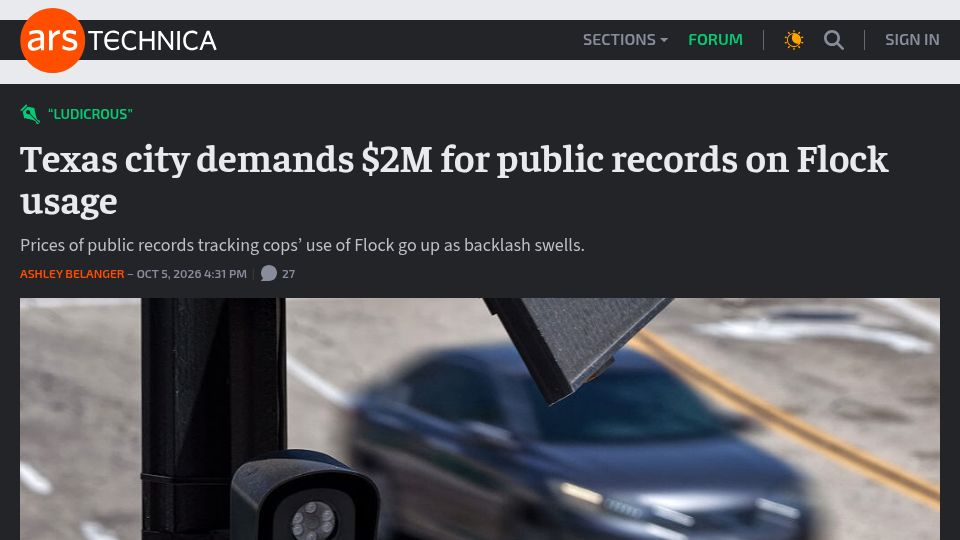 Screenshot of arstechnica.com: Texas city demands $2M for public records on Flock usage