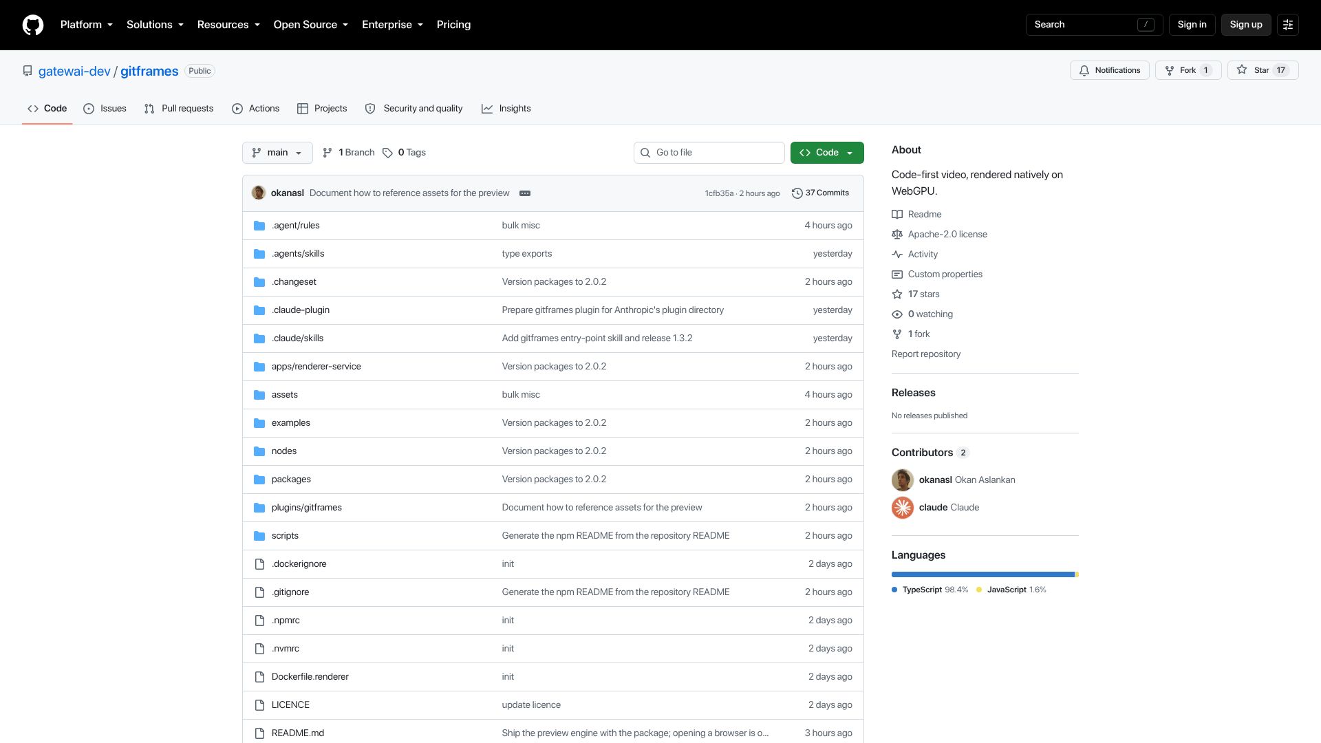 Screenshot of github.com: Gitframes