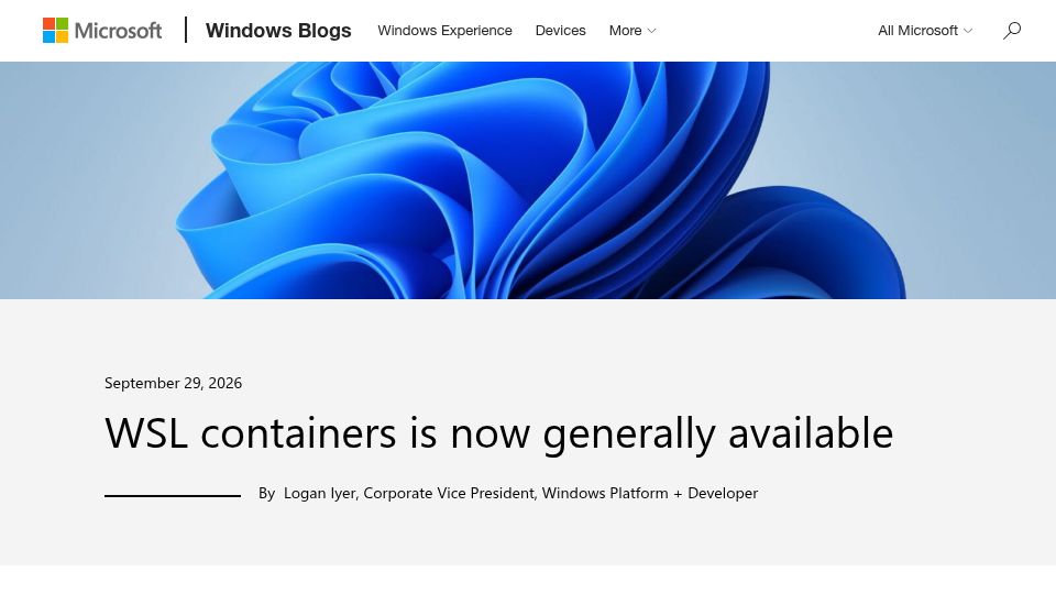 Screenshot of blogs.windows.com: WSL containers is now generally available