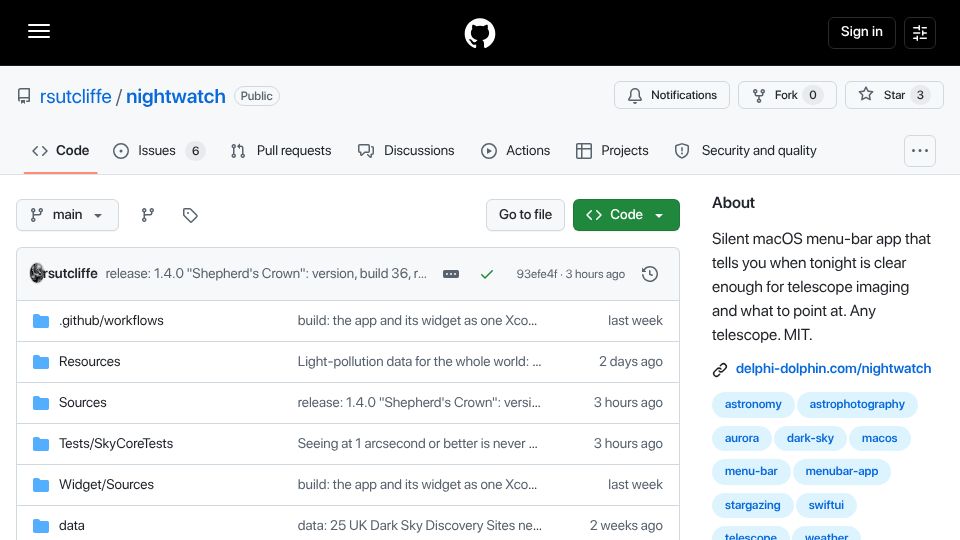 Screenshot of github.com: Show HN: Nightwatch – a Mac menu-bar app that tells you when tonight is clear