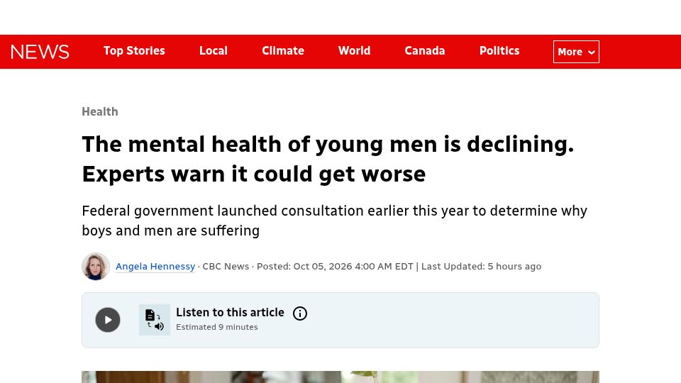 Screenshot of cbc.ca: The mental health of young men is declining. Experts warn it could get worse