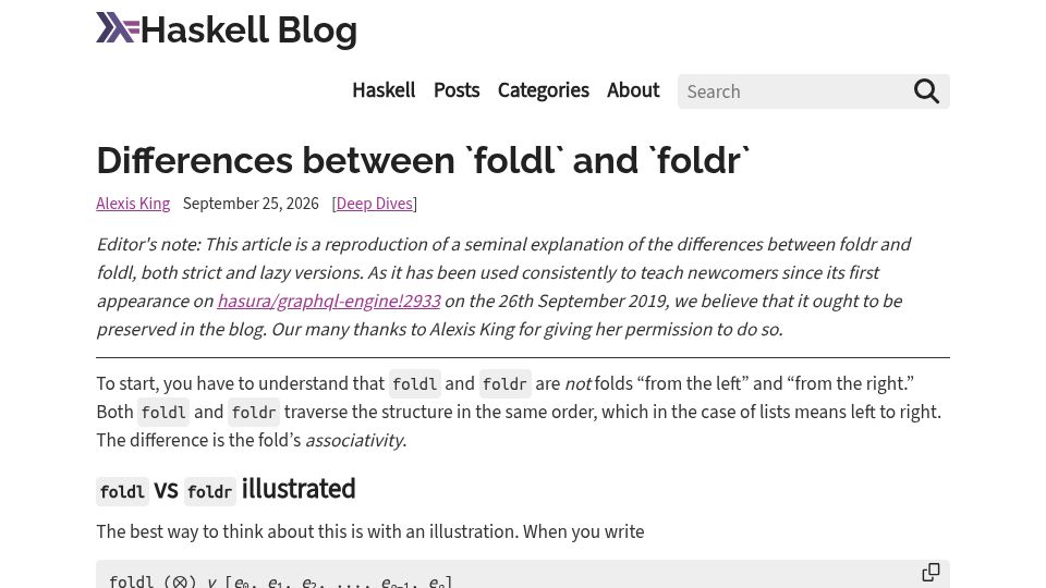 Screenshot of blog.haskell.org: Differences Between `Foldl` and `Foldr`