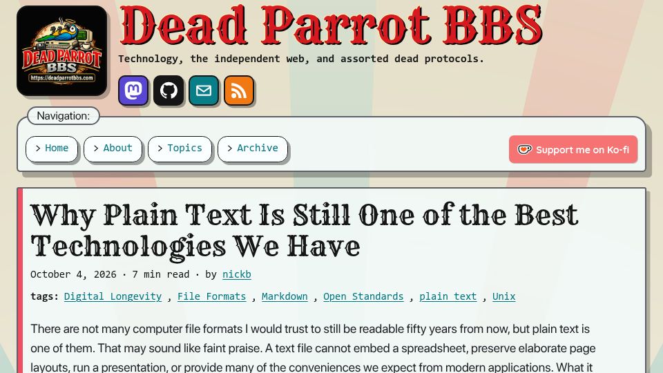 Screenshot of deadparrotbbs.com: Plain text is still one of the best technologies we have