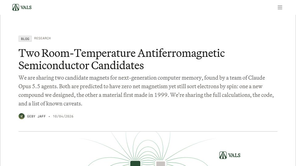 Screenshot of vals.ai: Opus 5.5 agents discover two room-temperature magnetic semiconductor candidates