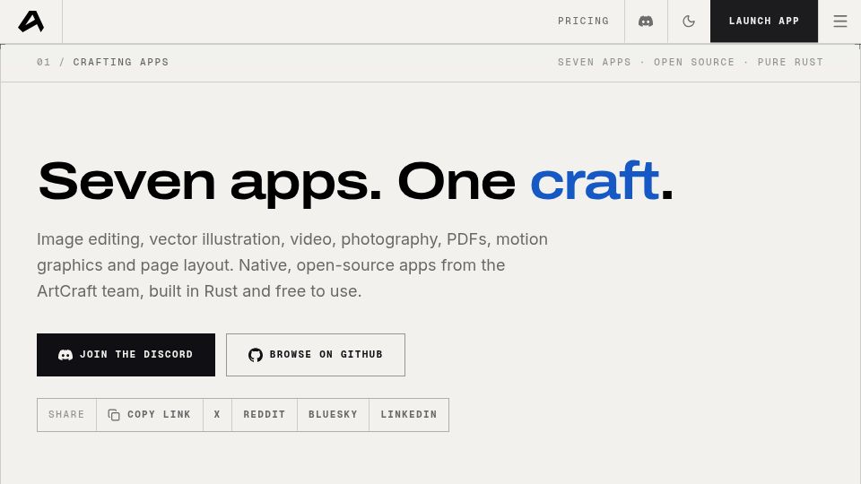 Screenshot of getartcraft.com: ArtCraft Apps – open-source Adobe compatible suite written in Rust