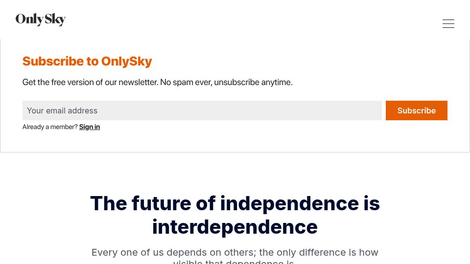 Screenshot of onlys.ky: The future of independence is interdependence