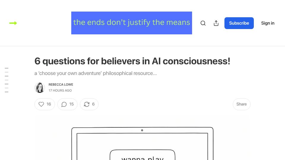 Screenshot of endsdontjustifythemeans.com: Questions for Believers in AI Consciousness