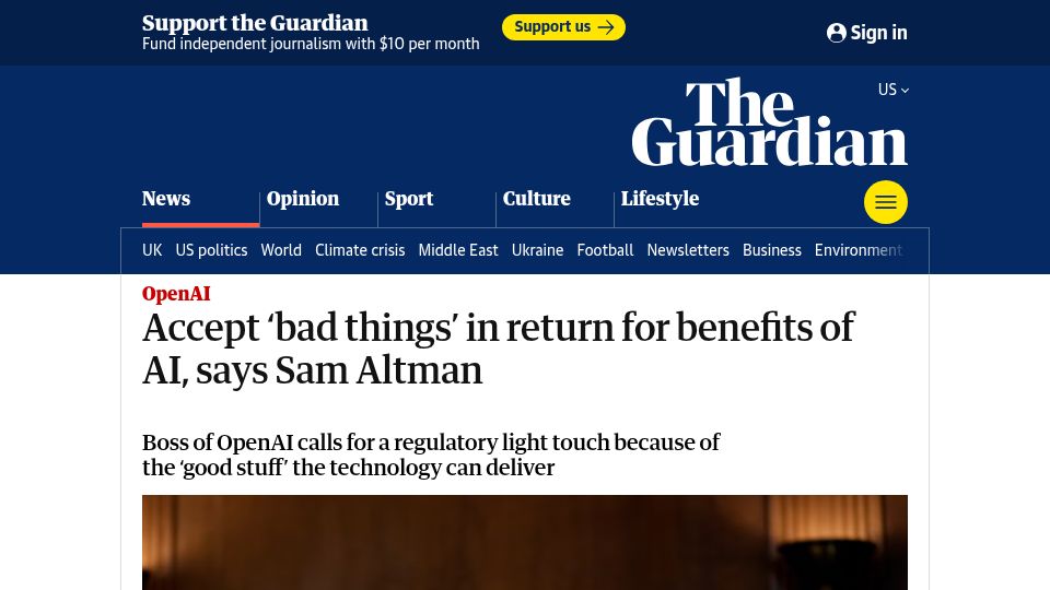 Screenshot of theguardian.com: Accept 'bad things' in return for benefits of AI, says Sam Altman